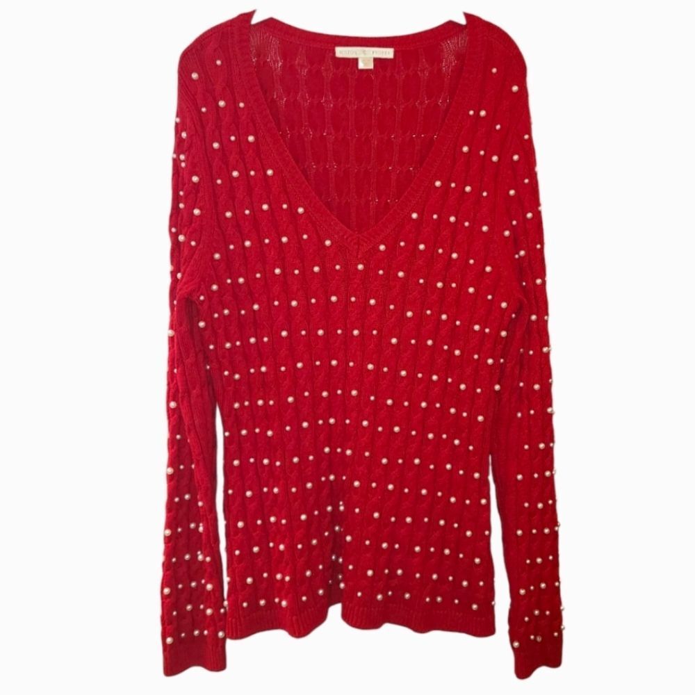 Boston Proper Pearl Embellished Red Cable Knit Sweater